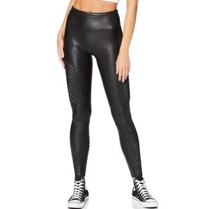 Spanx Faux Leather Moto Leggings Medium High Waist Ribbed Panels Black‎